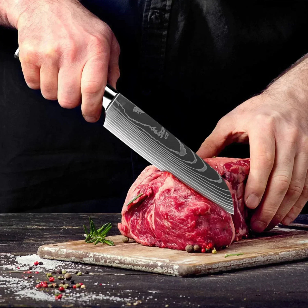 Conjunto 3 Facas de Cozinha Damasco Laser - Chef, Santoku e Utilitária