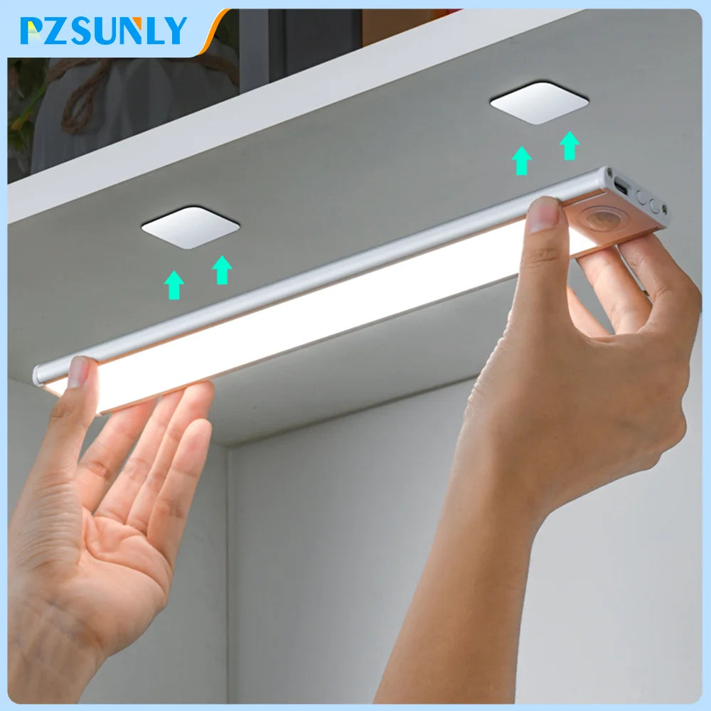 Led sensor de movimento luz noturna sem fio usb sob a luz do armário para armário de cozinha quarto guarda-roupa sensor iluminação interior