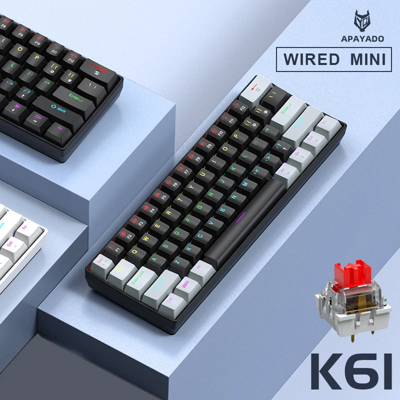 Teclado Mecânico Mini APAYADO K61, Com Fio, 61 Teclas, RGB Fantasma, Preto/Branco Vermelho/Azul, Interruptor Mecânico para Jogos, 60% Portátil