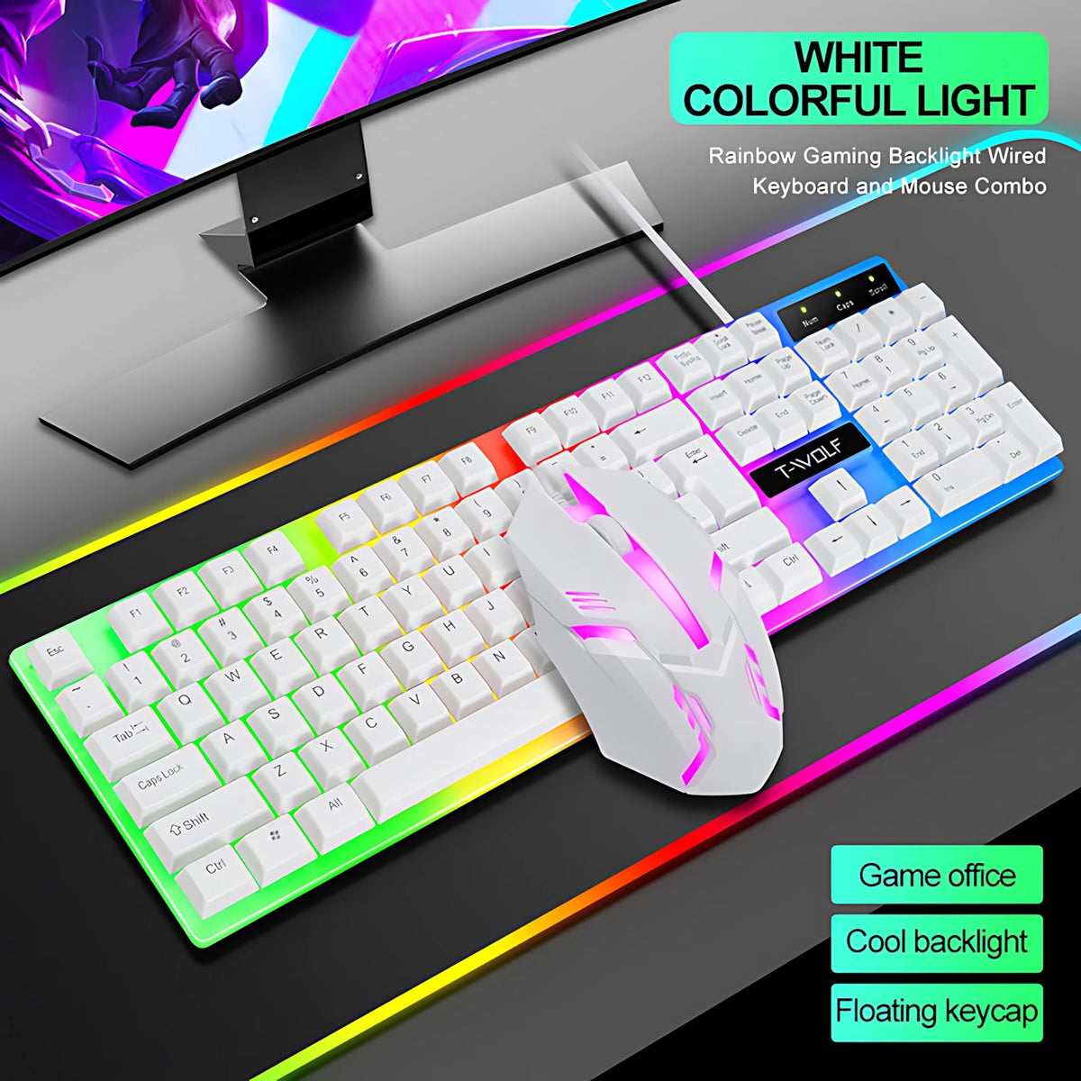 Teclado e Mouse com Iluminação de Fundo Arco-íris com Fio, Teclas Flutuantes Resistentes, Teclado Confortável e Durável para Escritório Empresarial