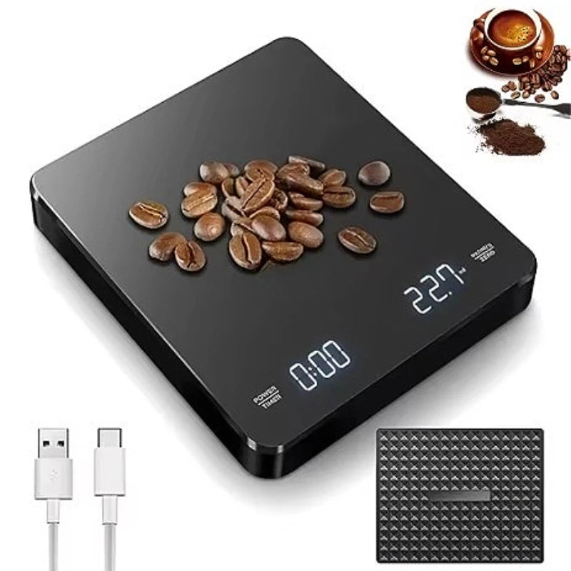 1 conjunto de balança de café eletrônica com almofada de silicone balança de café digital com temporizador display led carregamento usb uso em café em casa bom presente