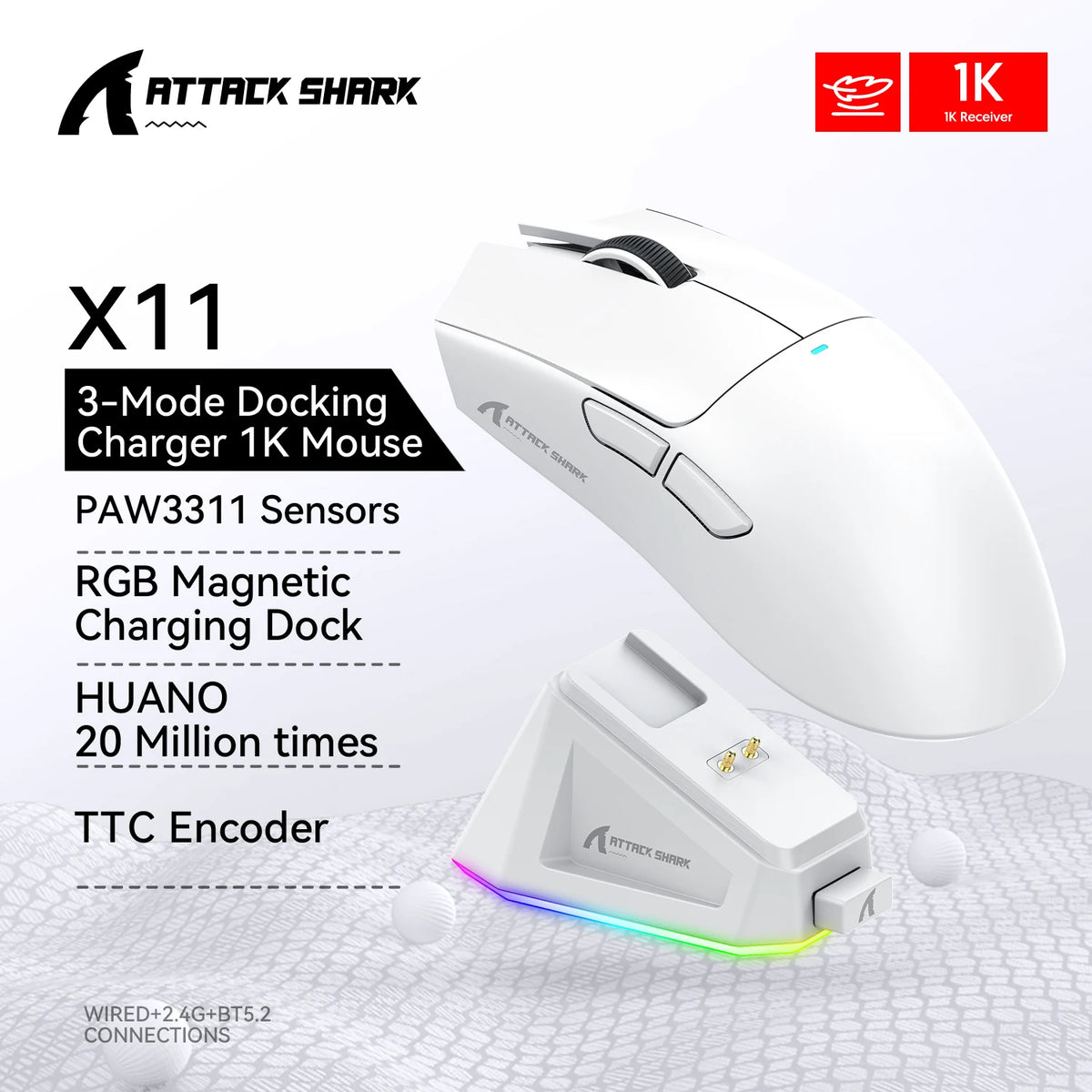 Mouse Sem Fio Bluetooth Attack Shark X11 Três Modos 2.4G PAW3311 RGB Dock Magnético para PC, Mouse para Jogos e E-sports
