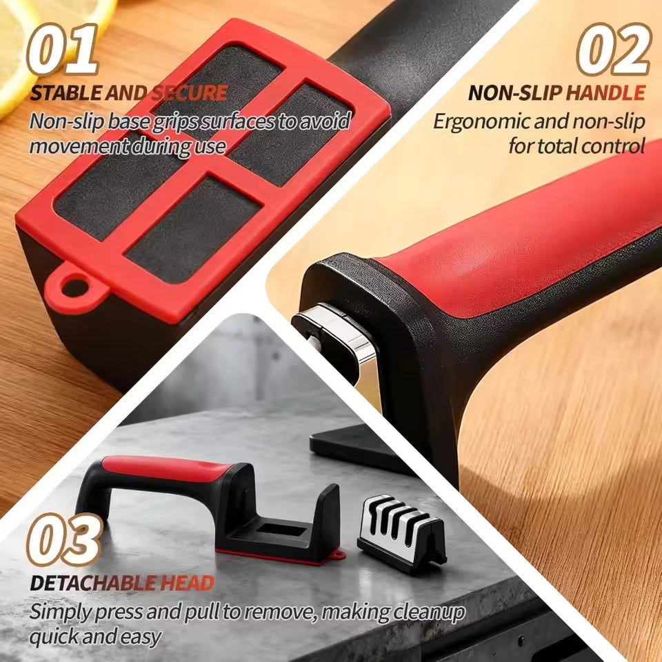 Afiador de Facas Manual Ergonômico de 3 Estágios com Cabo Antiderrapante - Ferramenta de Afiar Facas de Cozinha para Uso Doméstico