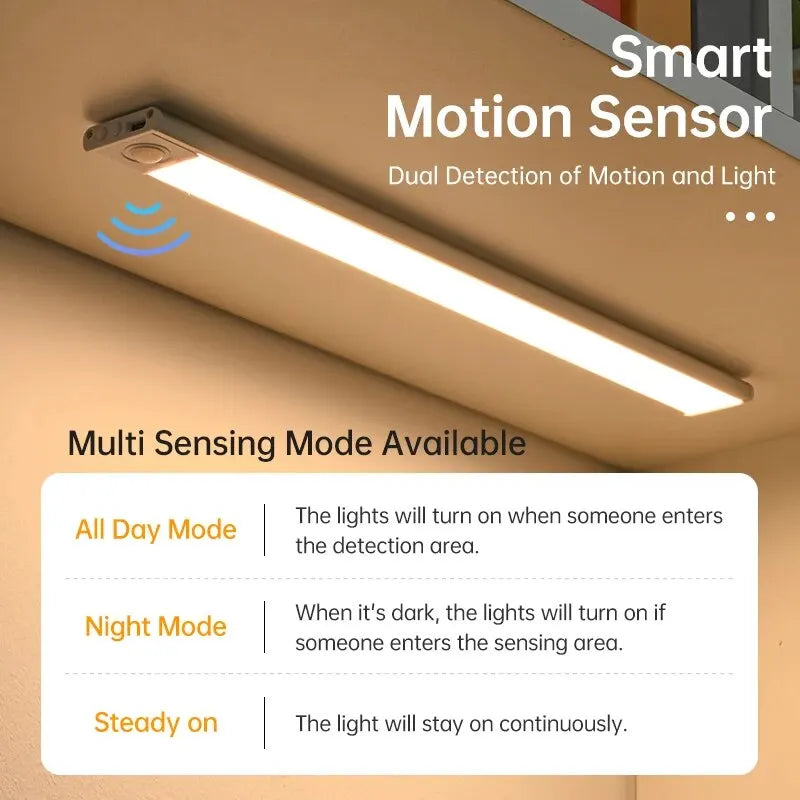 Led sensor de movimento luz noturna sem fio usb sob a luz do armário para armário de cozinha quarto guarda-roupa sensor iluminação interior