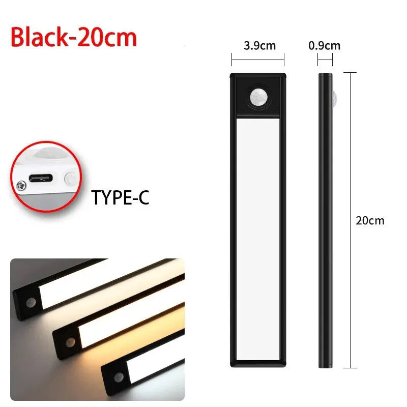 Led sensor de movimento luz noturna sem fio usb sob a luz do armário para armário de cozinha quarto guarda-roupa sensor iluminação interior