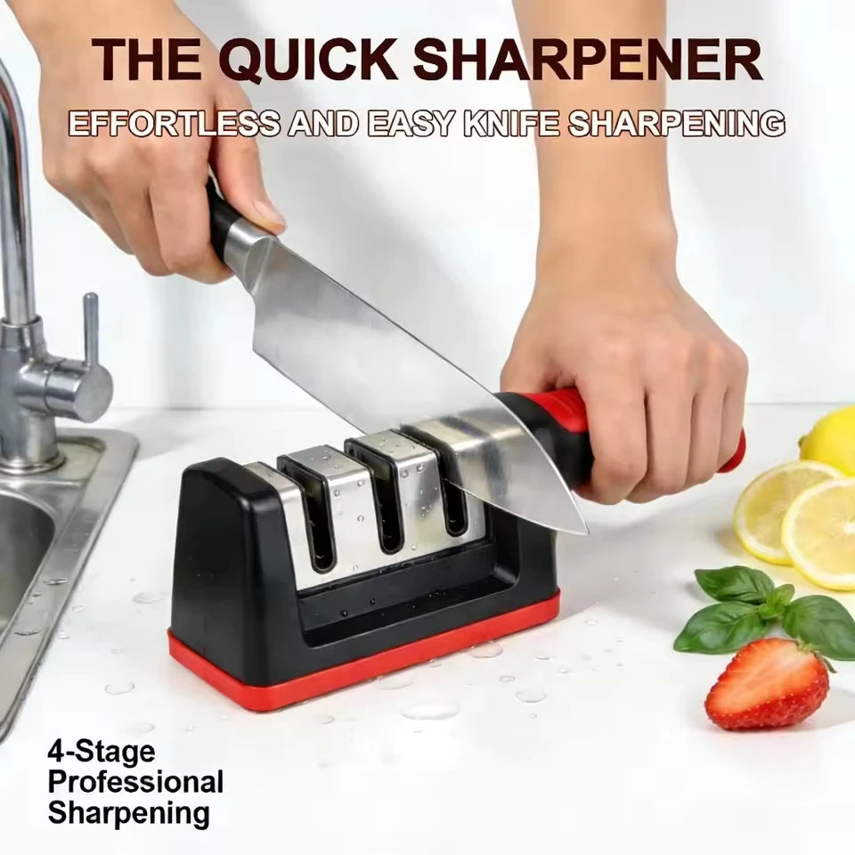 Afiador de Facas Manual Ergonômico de 3 Estágios com Cabo Antiderrapante - Ferramenta de Afiar Facas de Cozinha para Uso Doméstico