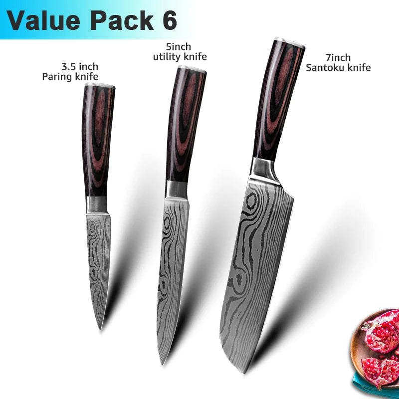 Facas de Cozinha Aço Damasco - Conjunto Profissional Chef Santoku