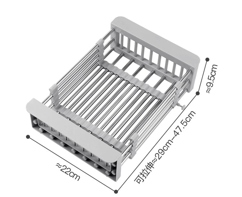 Rack de drenagem de cozinha retrátil, aço inoxidável, tigelas, louças, legumes, frutas, cesta de limpeza