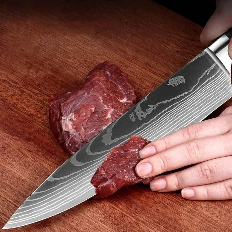 Conjunto 3 Facas de Cozinha Damasco Laser - Chef, Santoku e Utilitária