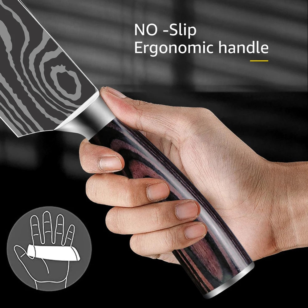 Kit Facas de Cozinha 7CR17 Aço Inox Damasco - Chef, Santoku, Cutelo