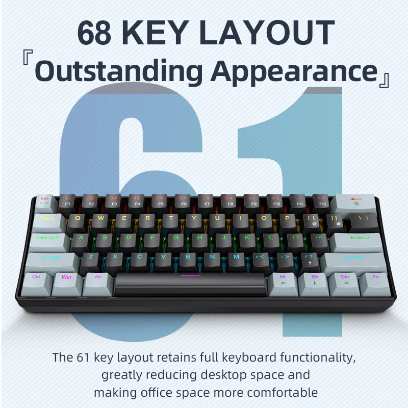 Teclado Mecânico Mini APAYADO K61, Com Fio, 61 Teclas, RGB Fantasma, Preto/Branco Vermelho/Azul, Interruptor Mecânico para Jogos, 60% Portátil