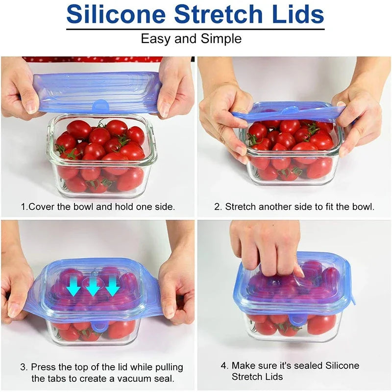 Tampa elástica de silicone quadrada, 6 peças, acessórios de ferramentas de cozinha, embalagem de alimentos reutilizável, tampa selada, mantém fresco, tampa elástica de tigela