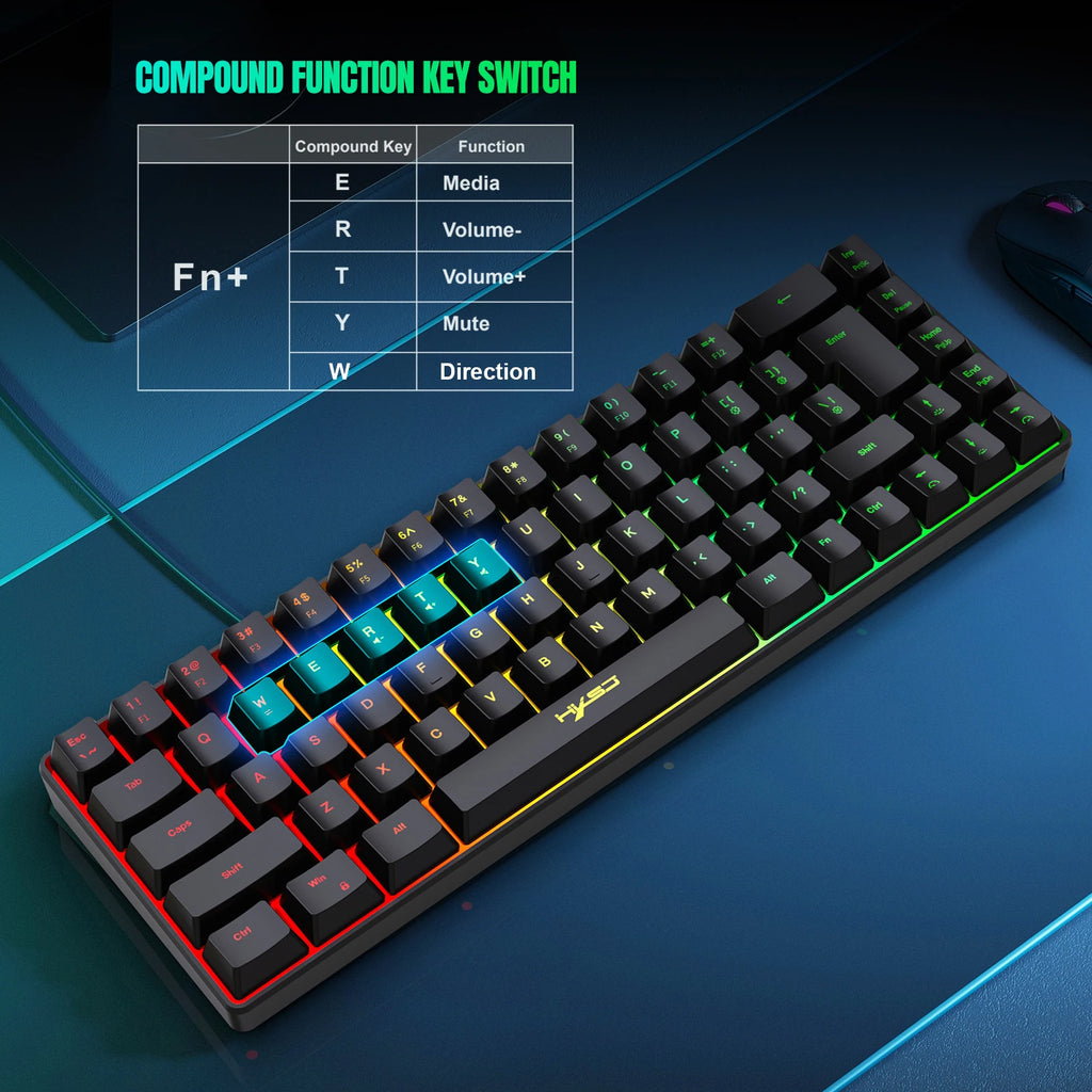 Teclado Gamer de 68 Teclas USB com Fio Portátil  20 Retroiluminação RGB  Teclado Español Coreano Ruso para Laptops de Windows