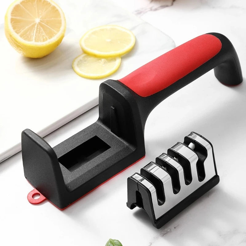 Afiador de Facas Manual Ergonômico de 3 Estágios com Cabo Antiderrapante - Ferramenta de Afiar Facas de Cozinha para Uso Doméstico