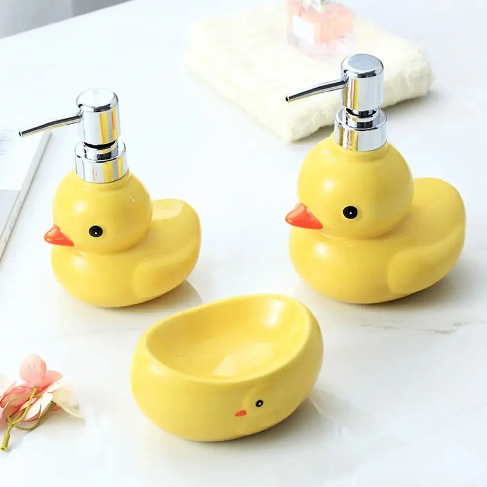 Dispensador de sabão de pato amarelo cerâmica dos desenhos animados garrafa desinfetante para as mãos chuveiro gel shampoo dispensador de sabão do banheiro dispensador de shampoo
