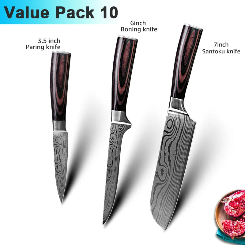 Facas de Cozinha Aço Damasco - Conjunto Profissional Chef Santoku