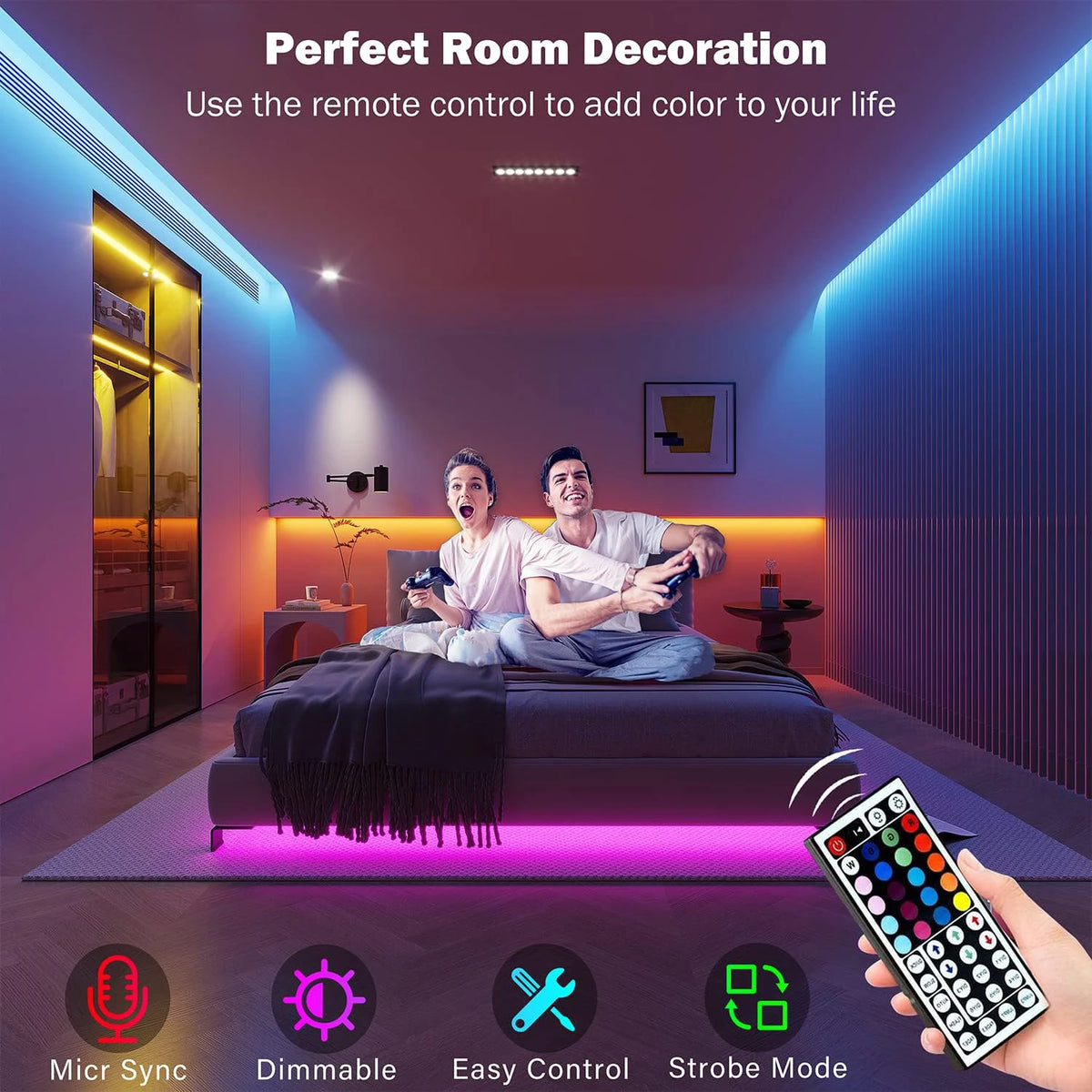 Fitas de LED RGB 5m 10m 20m 30m Luz de Quarto com Controle por APP Fita Flexível Luces Led para Decoração de Quarto