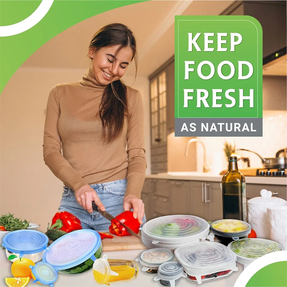 6 pçs grau alimentício silicone preservação capa reutilizável hermético comida universal prato estiramento tampas redondas para acessórios de cozinha
