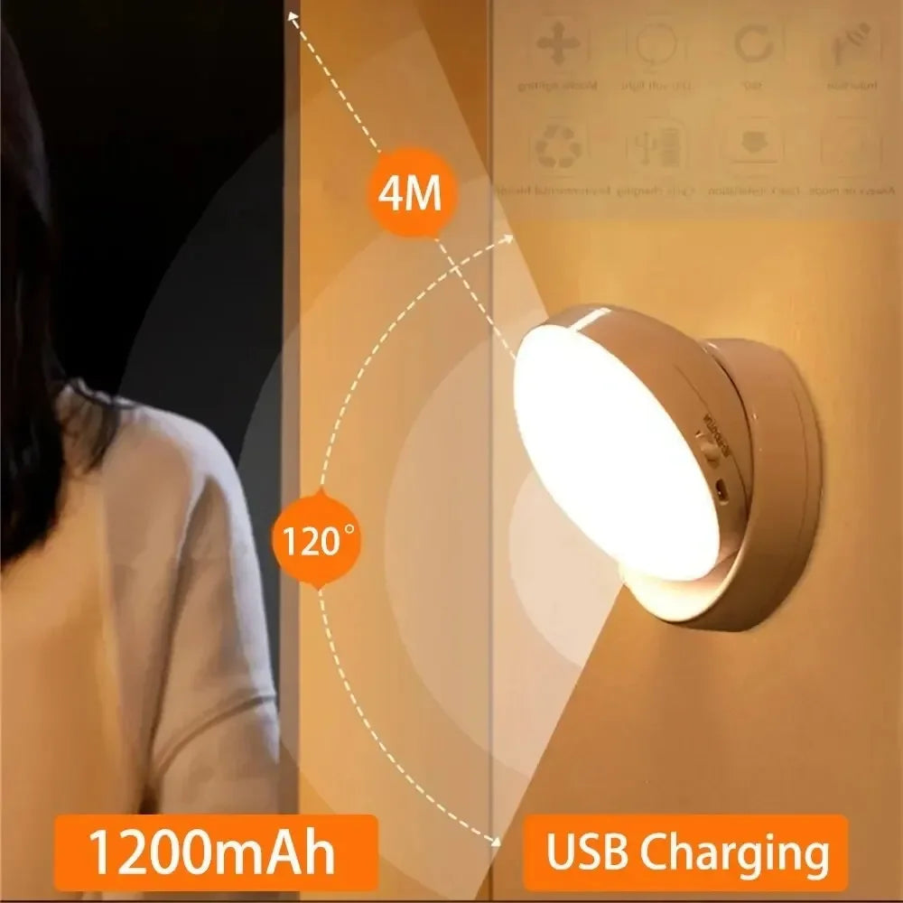 Lâmpada noturna com sensor de movimento luz noturna recarregável sem fio led 360 rotativa magnética para cozinha sala mesa de cabeceira