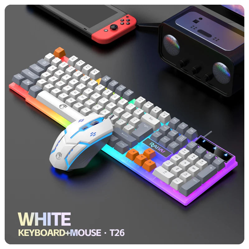 Teclado Único e Teclado Mouse RAIKU T2 Conjunto de Teclado e Mouse com Toque Mecânico Iluminado em Três Tons RAIKU T2
