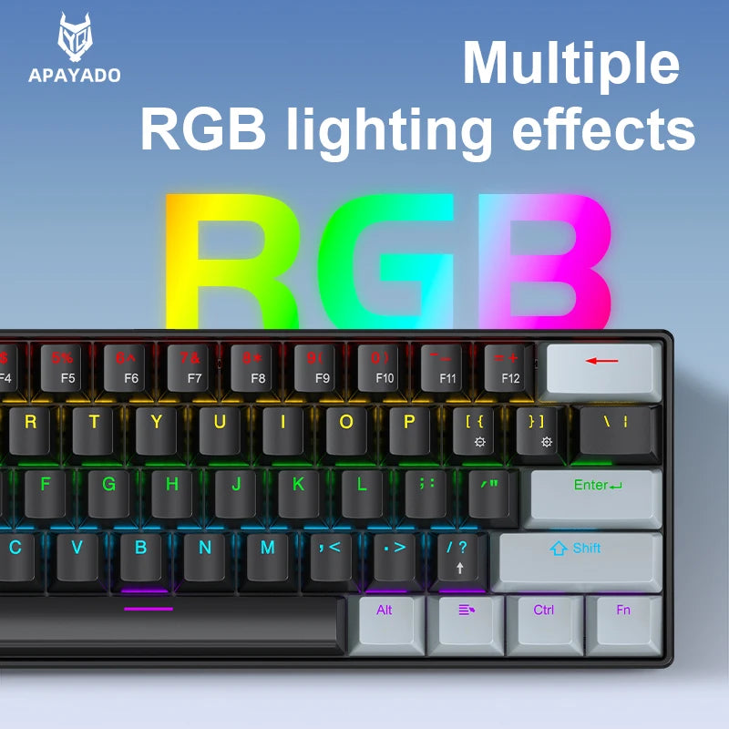 Teclado Mecânico Mini APAYADO K61, Com Fio, 61 Teclas, RGB Fantasma, Preto/Branco Vermelho/Azul, Interruptor Mecânico para Jogos, 60% Portátil