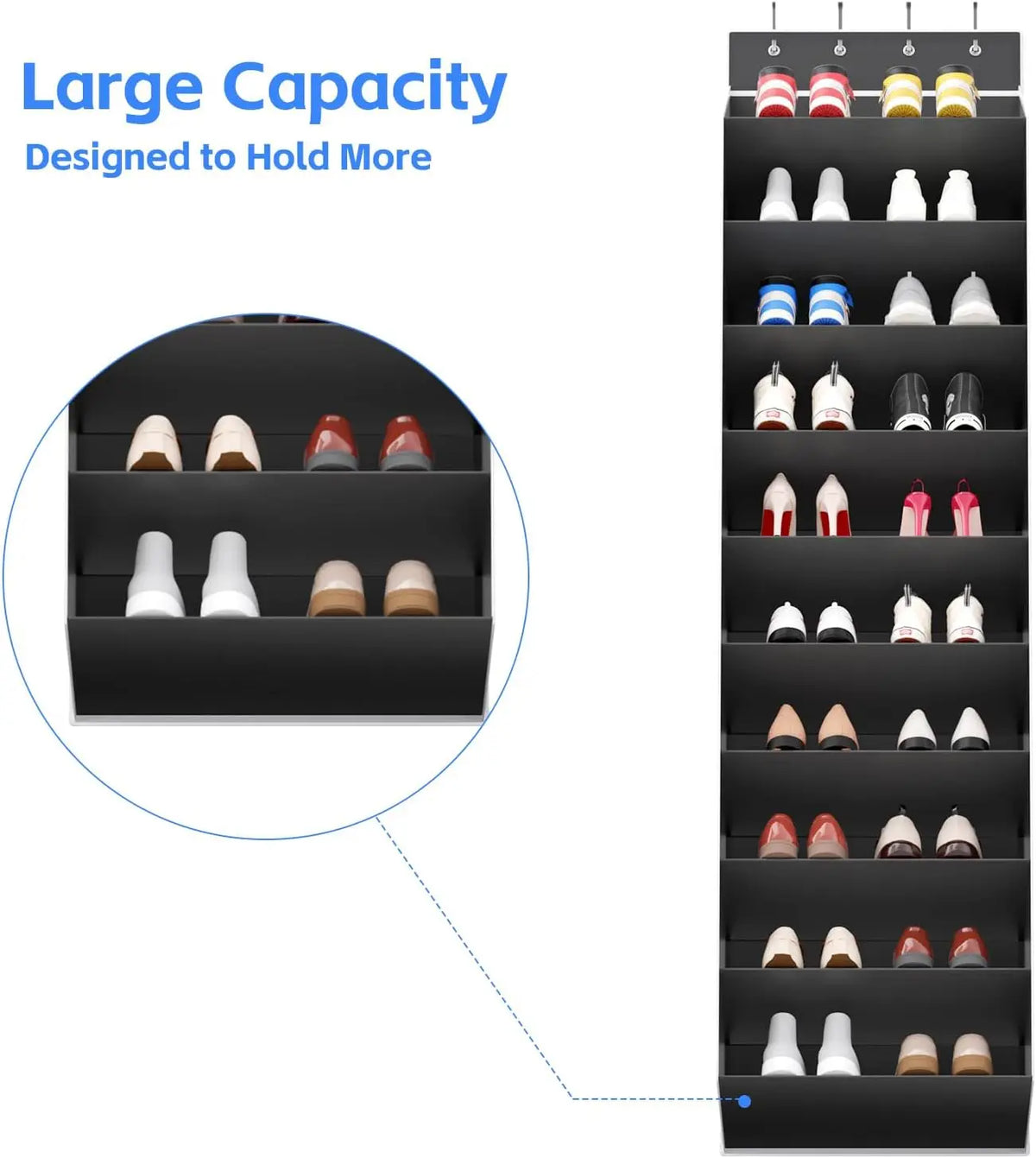 Organizador de sapatos grande sobre a porta, 10 camadas, pendurado, sapateira com bolsos profundos para porta de armazenamento, solução de armazenamento