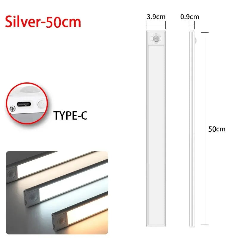 Led sensor de movimento luz noturna sem fio usb sob a luz do armário para armário de cozinha quarto guarda-roupa sensor iluminação interior