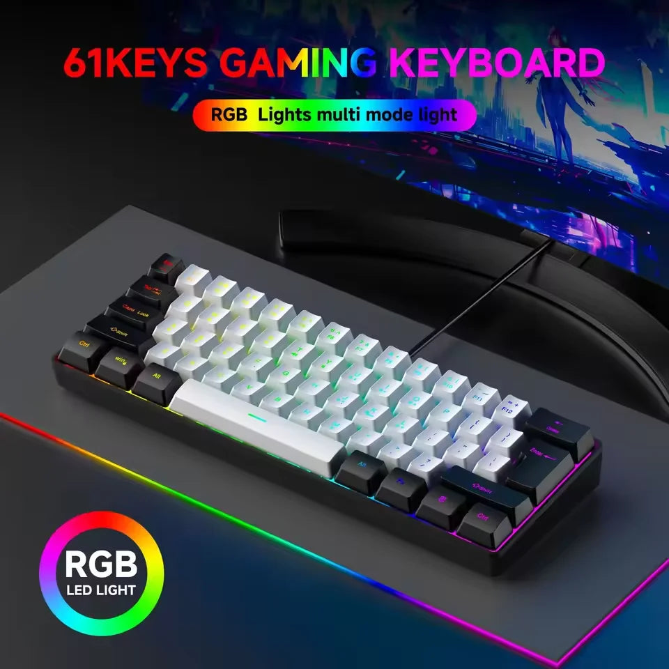 2026 Novo Teclado Mecânico Mini Portátil com Fio K61 Teclado Mini com Fio 61 Teclas Phantom RGB, Preto Branco Vermelho Vermelho/Azul Interruptor Novo