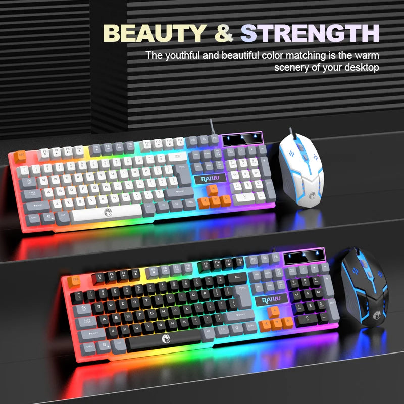 Teclado Único e Teclado Mouse RAIKU T2 Conjunto de Teclado e Mouse com Toque Mecânico Iluminado em Três Tons RAIKU T2