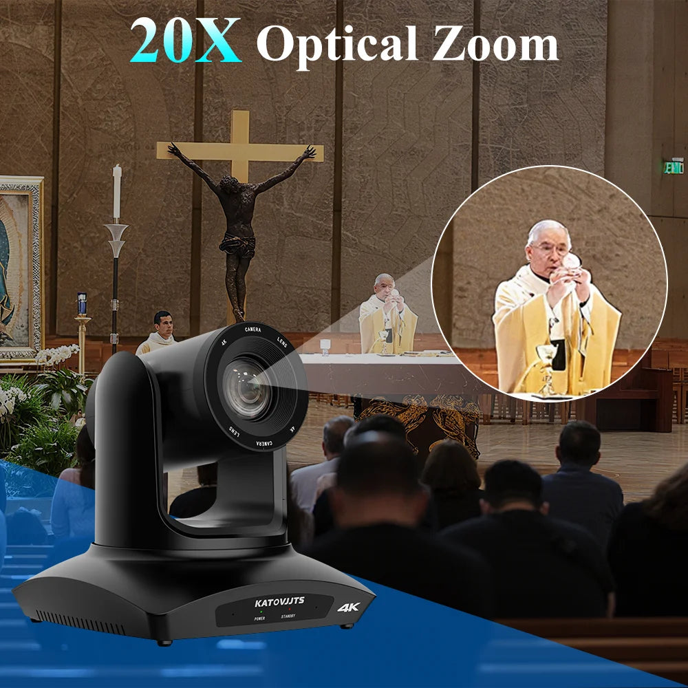 Câmera KATOVJJTS 4K PTZ com POE USB3.0 AI Framing HDMI Câmera de Vídeo Profissional para Conferências e Transmissão ao Vivo na Igreja