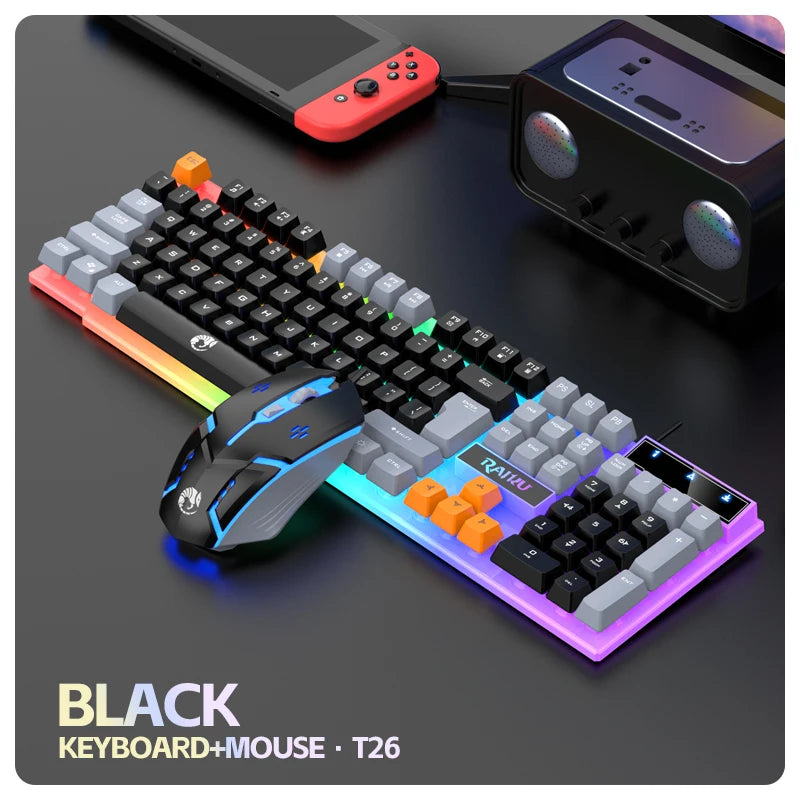 Teclado Único e Teclado Mouse RAIKU T2 Conjunto de Teclado e Mouse com Toque Mecânico Iluminado em Três Tons RAIKU T2