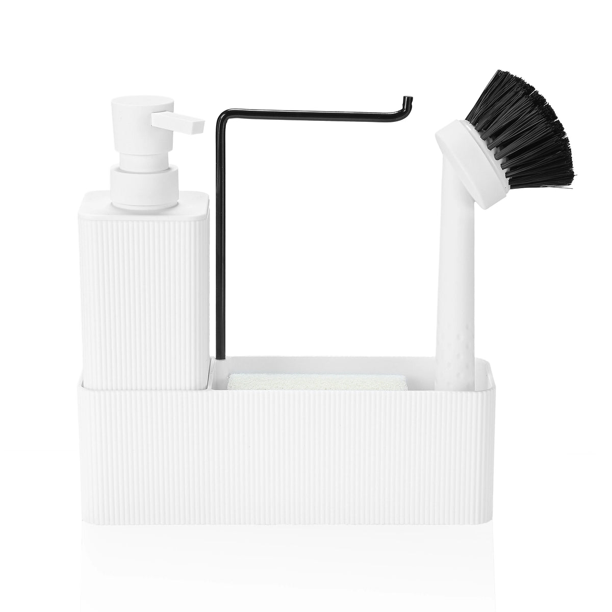 Dispensador de Sabão Preto Fosco para Cozinha - Inclui Dispensador de Sabão, Suporte para Esponja, Suporte para Toalha e Escova de Louça, Adequado para Cozinha