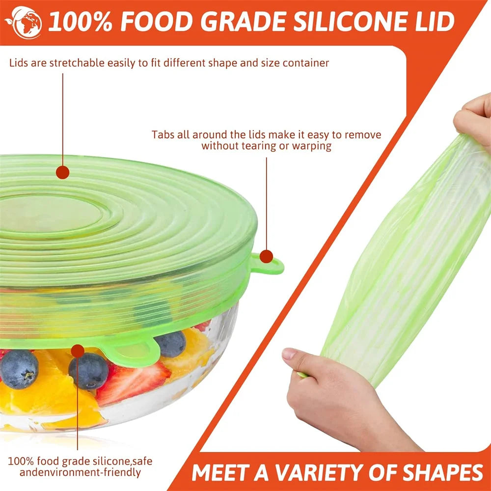 6 pçs grau alimentício silicone preservação capa reutilizável hermético comida universal prato estiramento tampas redondas para acessórios de cozinha