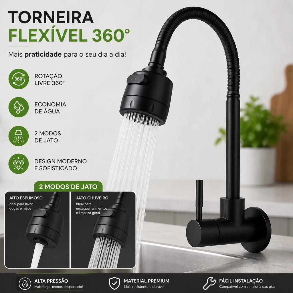 Torneira de cozinha em aço inoxidável 304 preto fosco Com Chuveiro Com Rotação De 360°