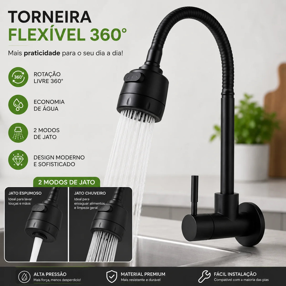 Torneira de cozinha em aço inoxidável 304 preto fosco Com Chuveiro Com Rotação De 360°