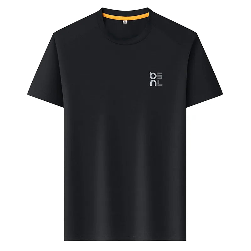Camiseta masculina de verão de manga curta de seda gelada de marca de alto padrão, respirável, confortável, de secagem rápida, com estampa de moda, gola redonda casual.