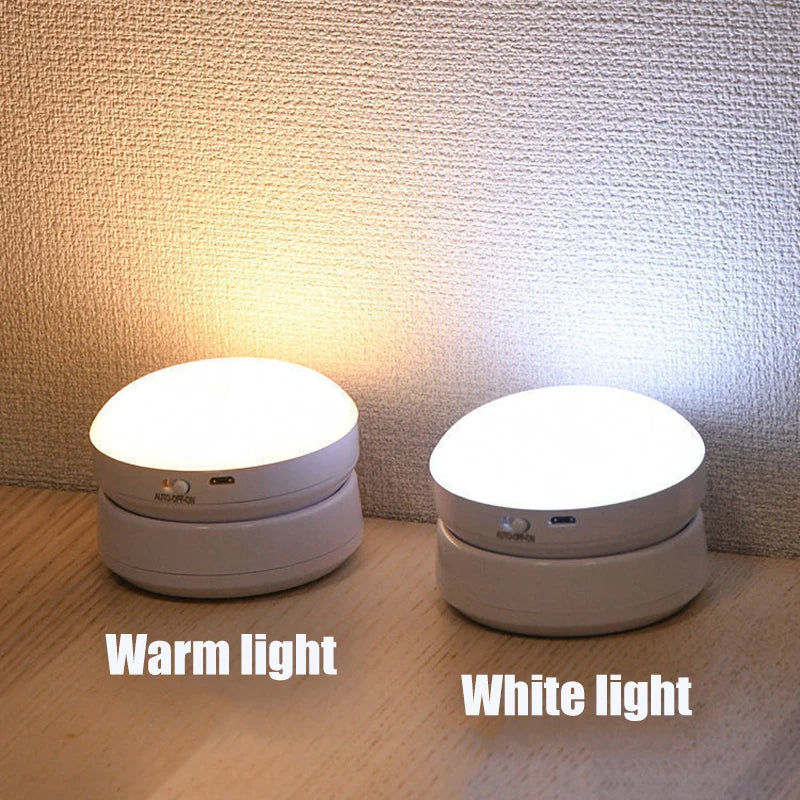 360 °   Pir sensor de movimento luz redonda poupança energia quarto usb recarregável noite lâmpada armário cabeceira escadas indução lâmpada inteligente