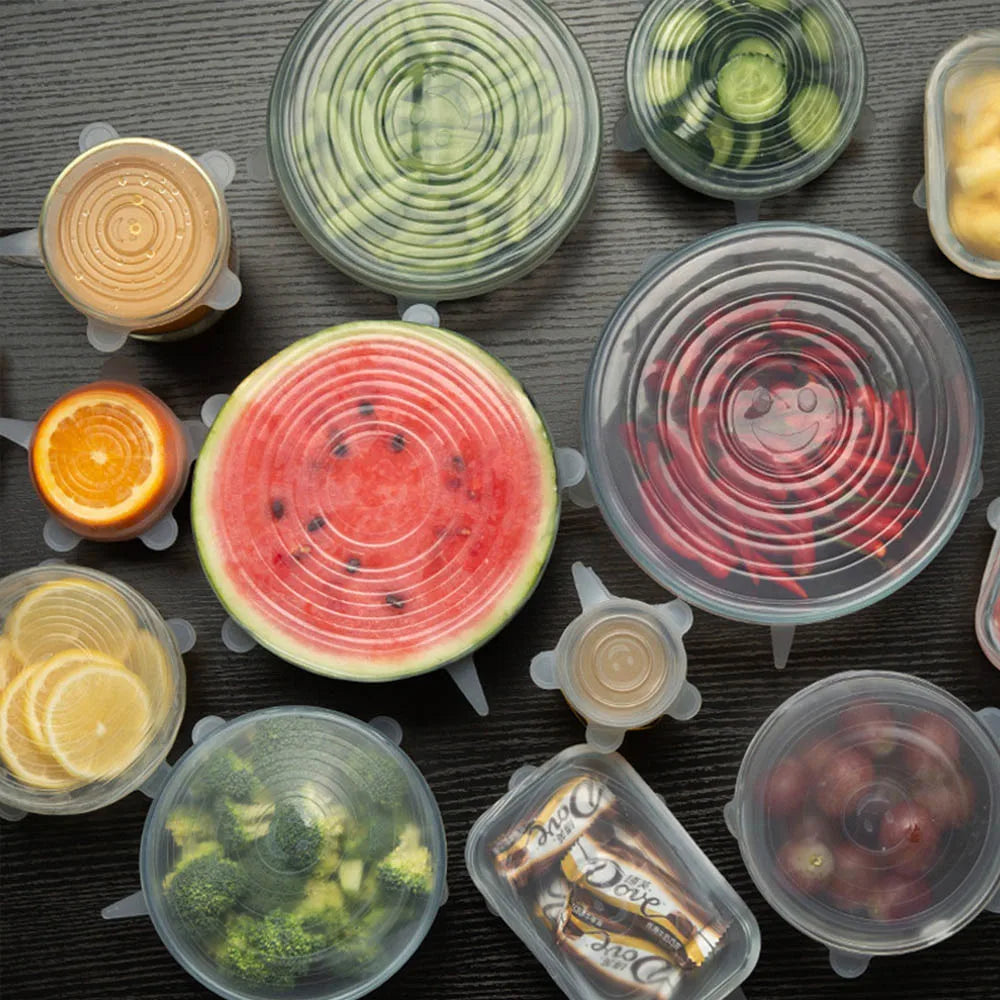 6 pçs reutilizáveis tampas de silicone tampas de silicone adaptáveis para latas pratos de alimentos frescos-mantendo acessórios de cozinha utensílios