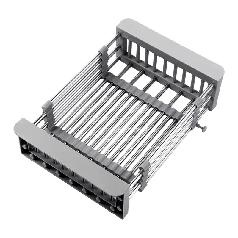Rack de drenagem de cozinha retrátil, aço inoxidável, tigelas, louças, legumes, frutas, cesta de limpeza