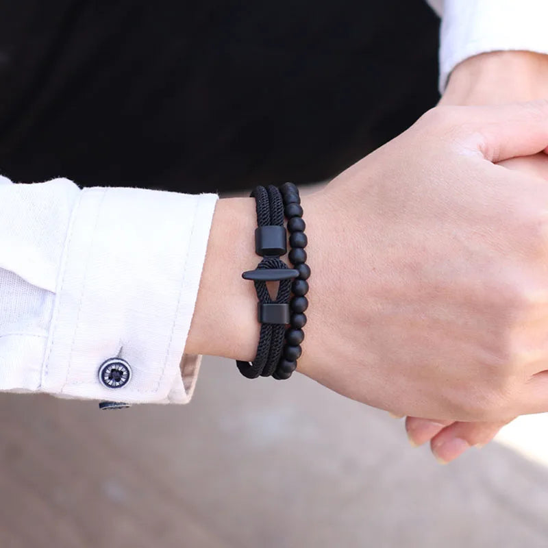 Kit Pulseiras Masculinas de Nylon com Ônix - Trançadas 6mm Feitas à Mão