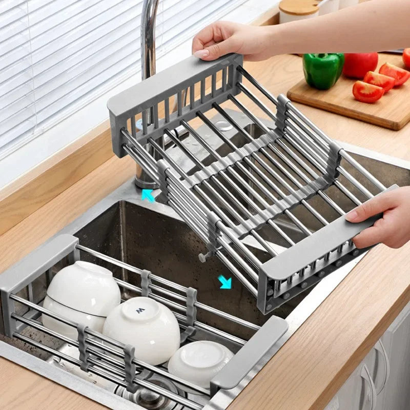 Rack de drenagem de cozinha retrátil, aço inoxidável, tigelas, louças, legumes, frutas, cesta de limpeza