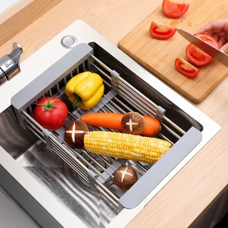 Rack de drenagem de cozinha retrátil, aço inoxidável, tigelas, louças, legumes, frutas, cesta de limpeza
