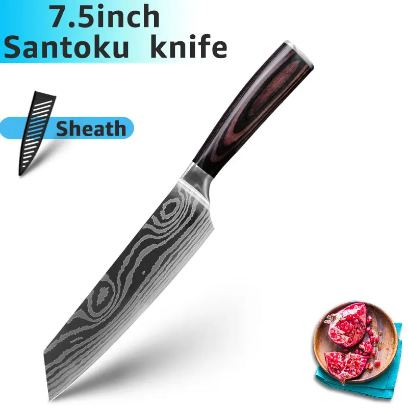 Kit Facas de Cozinha 7CR17 Aço Inox Damasco - Chef, Santoku, Cutelo