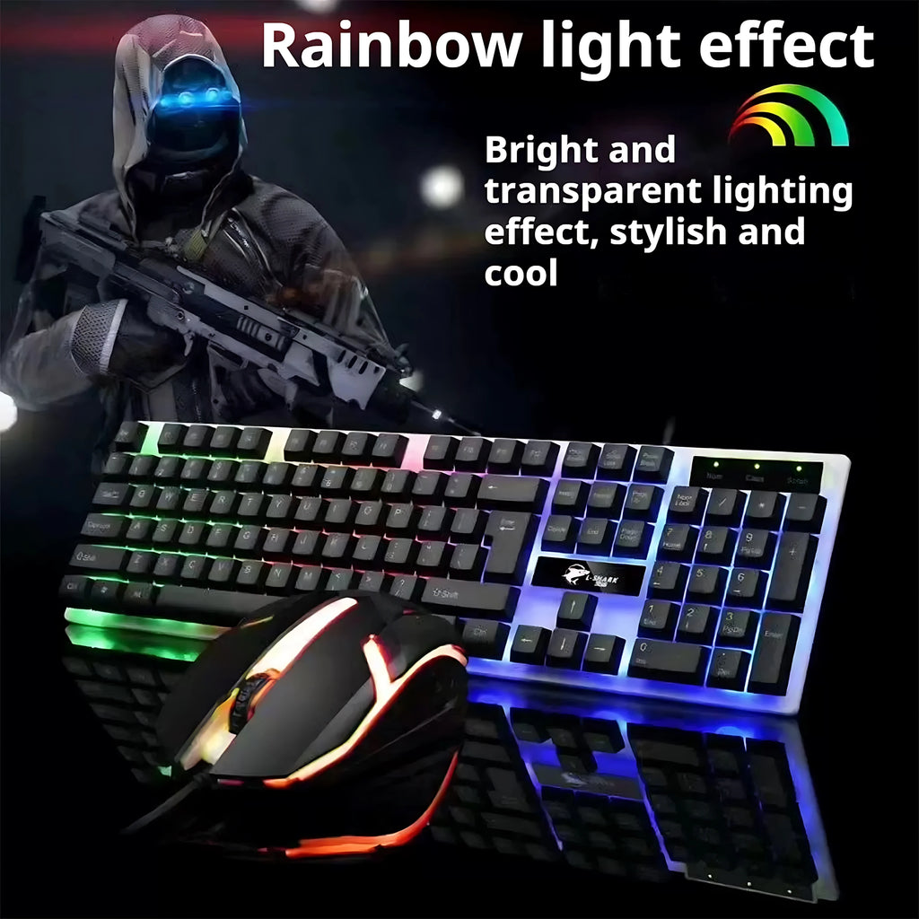 Teclado e Mouse com Iluminação de Fundo Arco-íris com Fio, Teclas Flutuantes Resistentes, Teclado Confortável e Durável para Escritório Empresarial