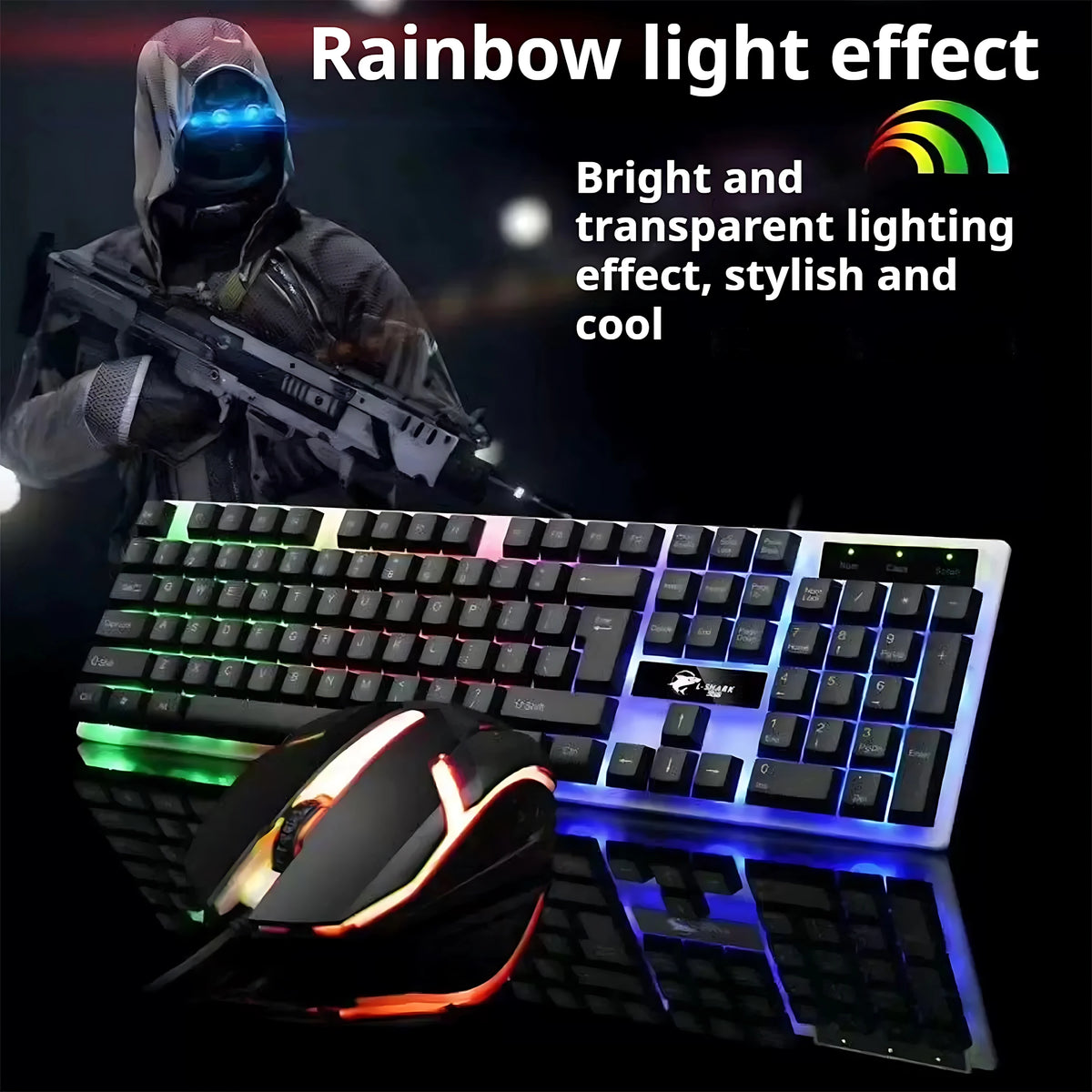 Teclado e Mouse com Iluminação de Fundo Arco-íris com Fio, Teclas Flutuantes Resistentes, Teclado Confortável e Durável para Escritório Empresarial