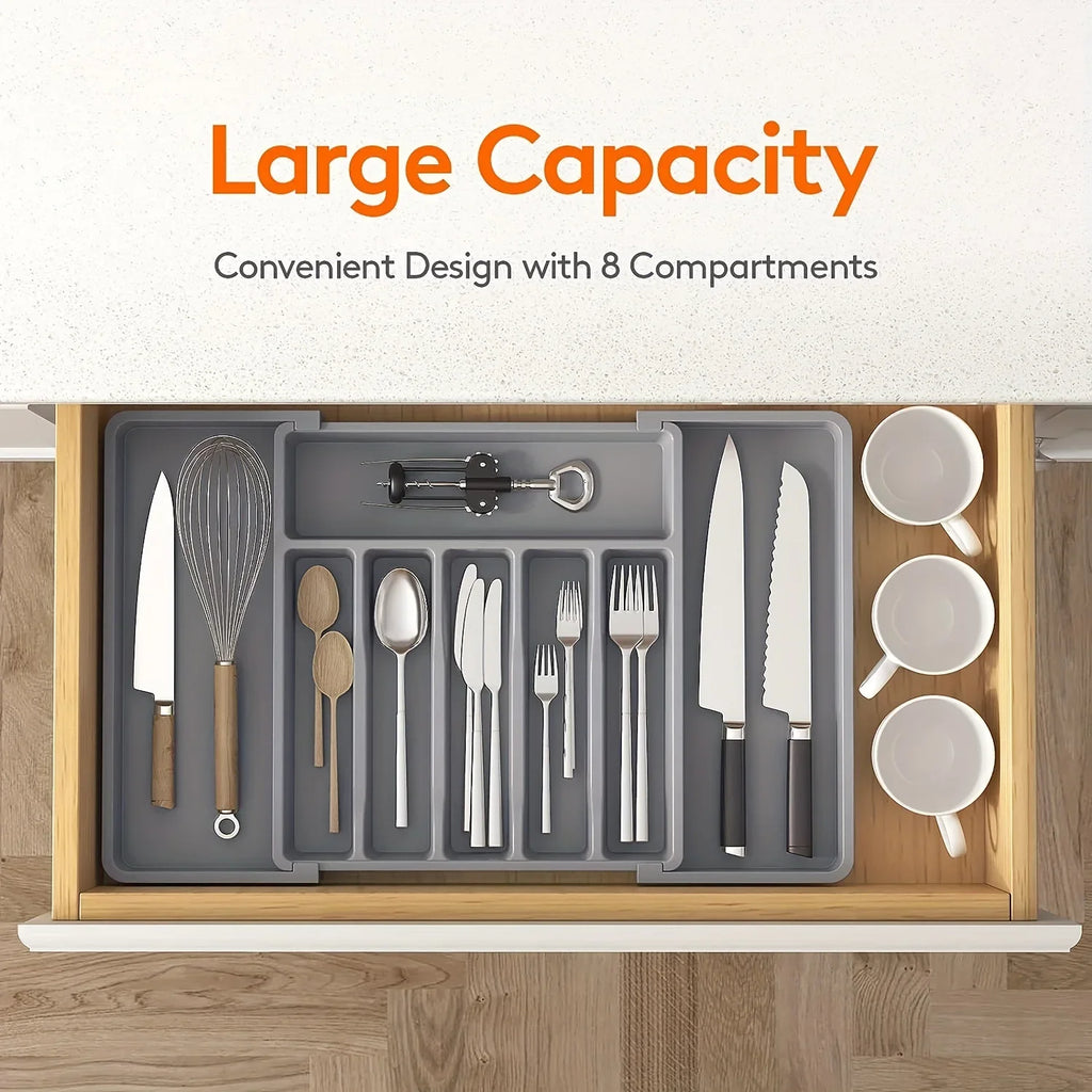 Organizador de gaveta de cozinha expansível, caixa de armazenamento de talheres retrátil ajustável com divisores para utensílios, organizador de gaveta, 1 peça