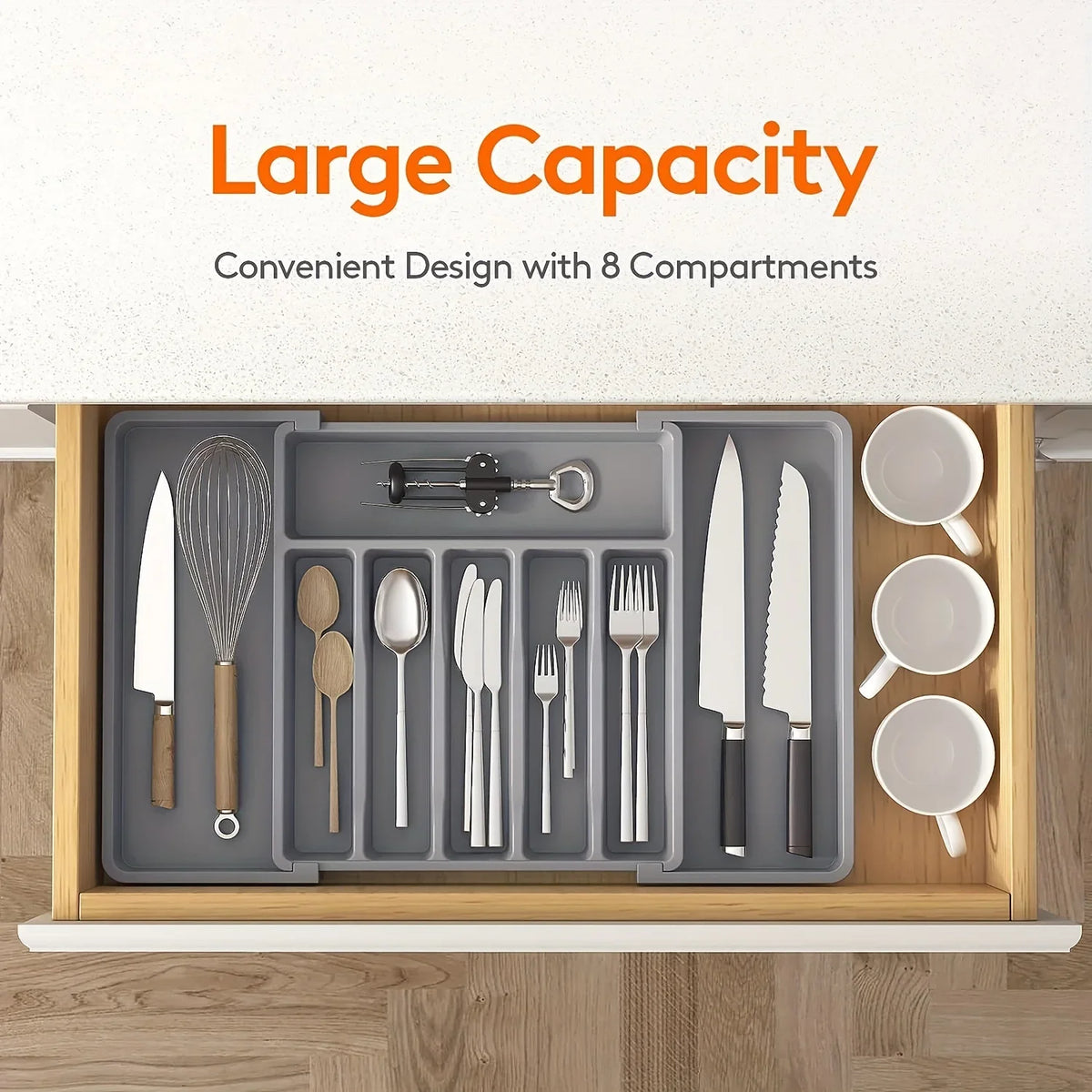 Organizador de gaveta de cozinha expansível, caixa de armazenamento de talheres retrátil ajustável com divisores para utensílios, organizador de gaveta, 1 peça