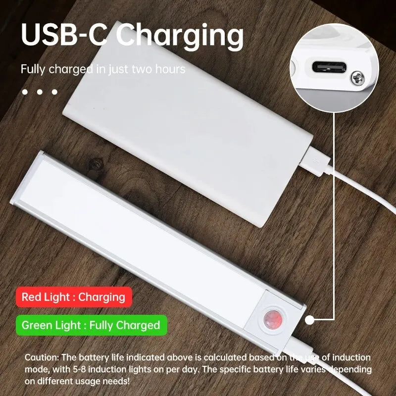 Led sensor de movimento luz noturna sem fio usb sob a luz do armário para armário de cozinha quarto guarda-roupa sensor iluminação interior