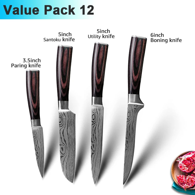 Kit Facas de Cozinha 7CR17 Aço Inox Damasco - Chef, Santoku, Cutelo