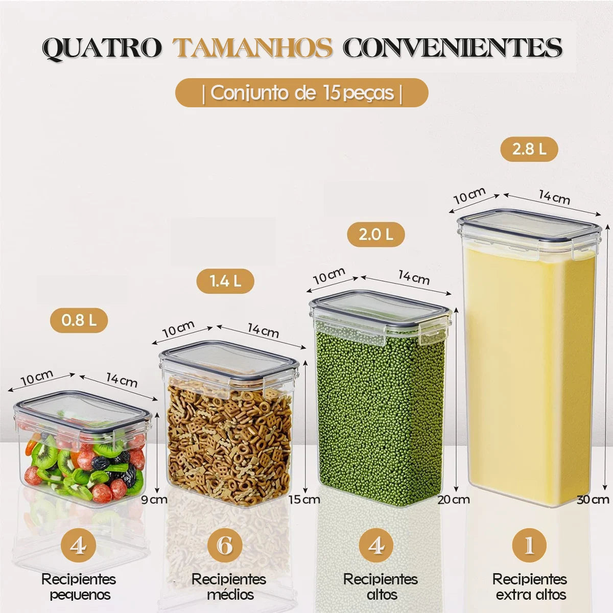 Conjunto de 200/1400/2000/12800 ml: 15 potes herméticos para armazenamento na cozinha, recipientes para armazenamento de cereais